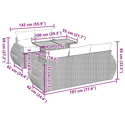 6-delige Loungeset met kussens poly rattan zwart