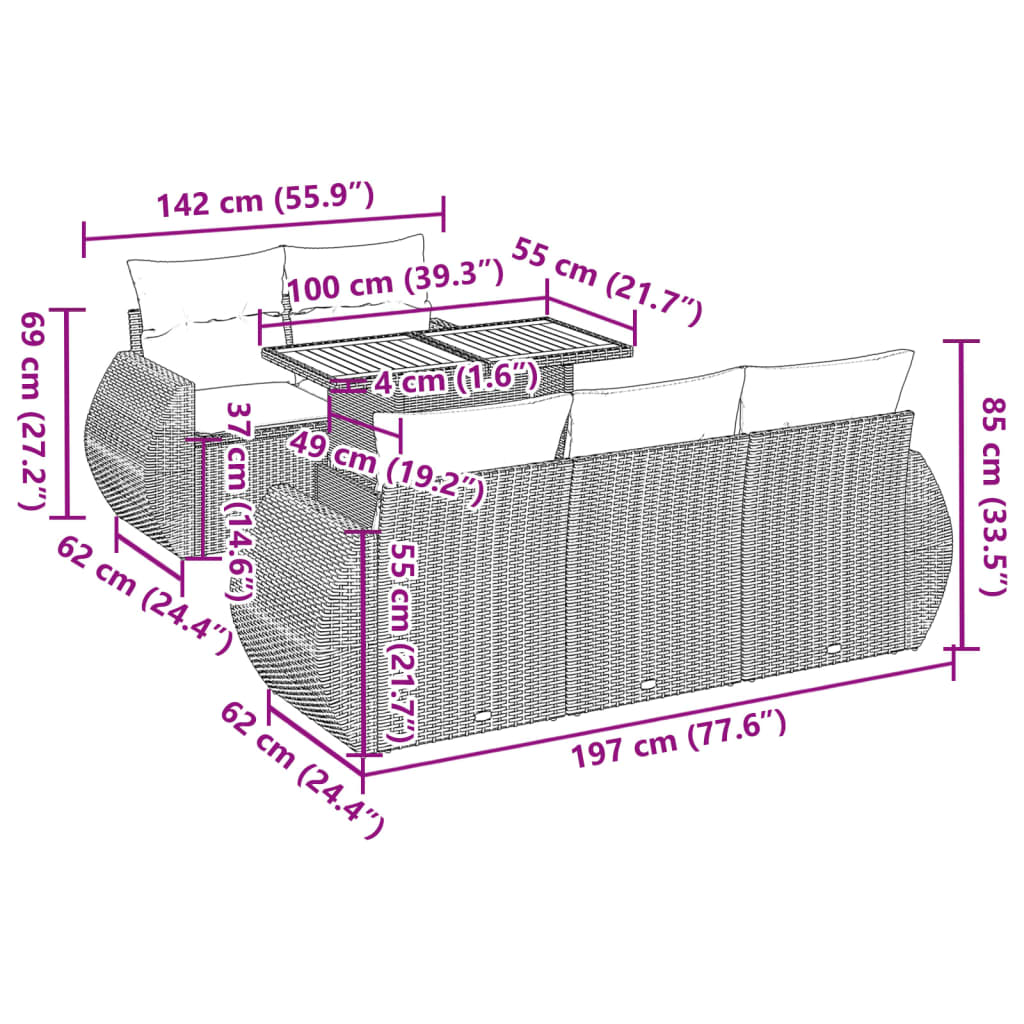 6-delige Loungeset met kussens poly rattan beige