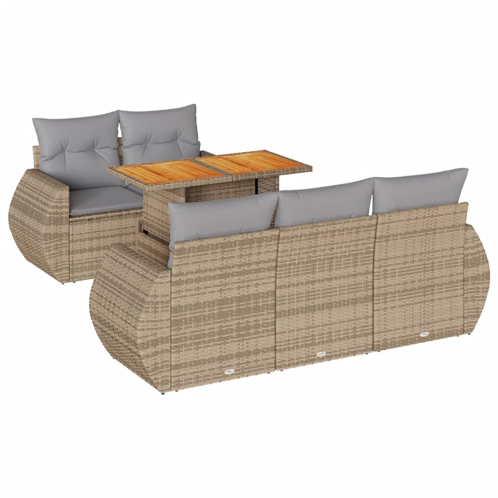 6-delige Loungeset met kussens poly rattan beige