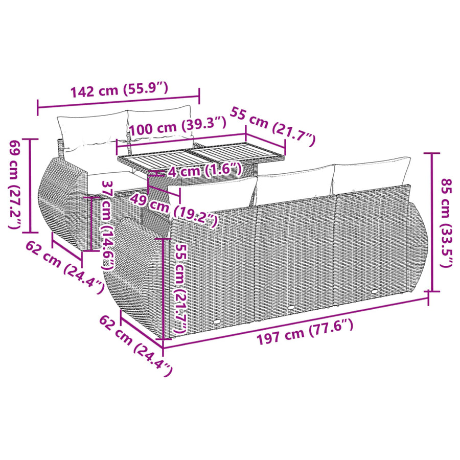 6-delige Loungeset met kussens poly rattan beige