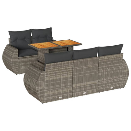 6-delige Loungeset met kussens poly rattan grijs