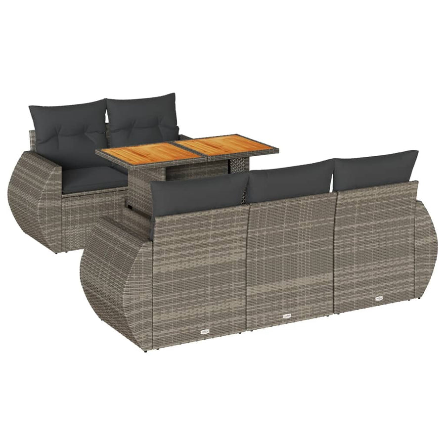 6-delige Loungeset met kussens poly rattan grijs