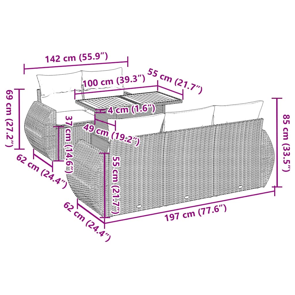 6-delige Loungeset met kussens poly rattan grijs