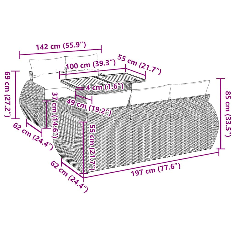 6-delige Loungeset met kussens poly rattan grijs