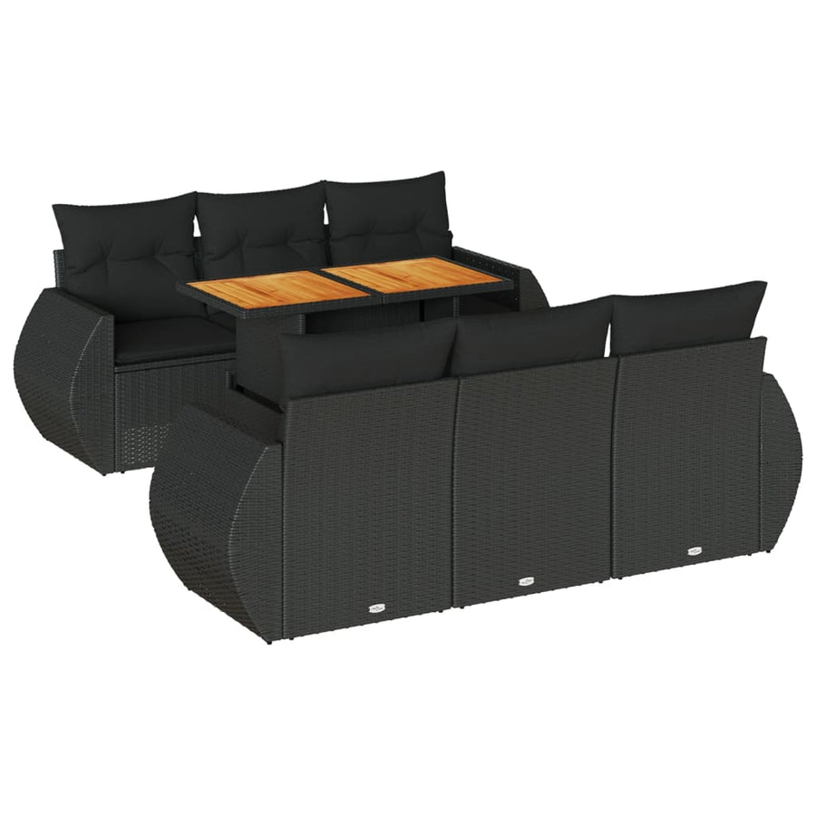 7-delige Loungeset met kussens poly rattan zwart