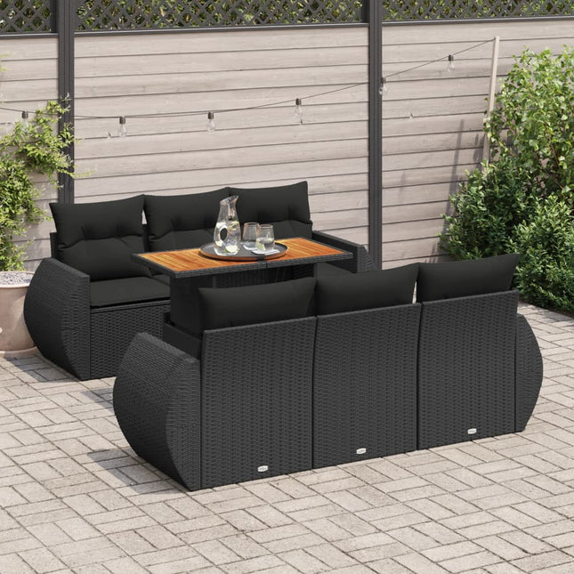 7-delige Loungeset met kussens poly rattan zwart