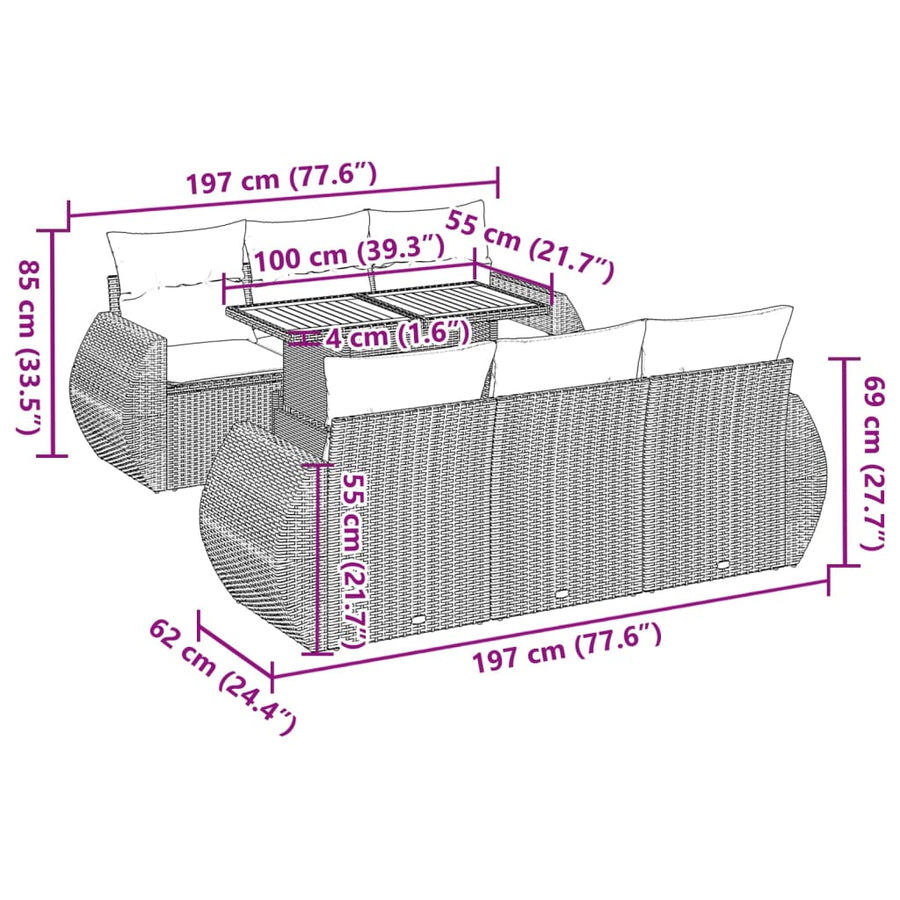 7-delige Loungeset met kussens poly rattan zwart