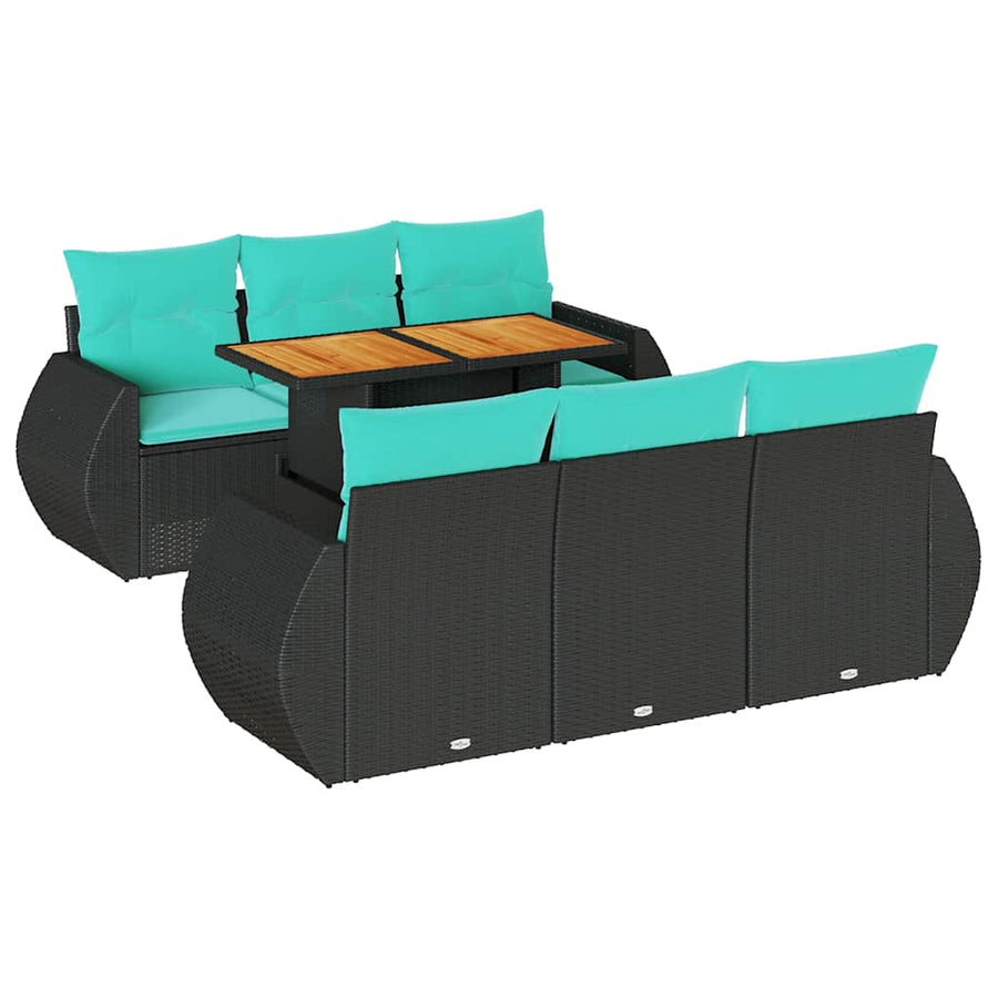 7-delige Loungeset met kussens poly rattan zwart