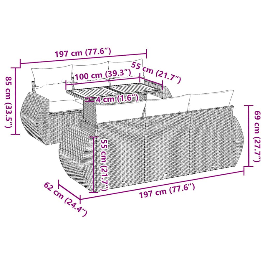 7-delige Loungeset met kussens poly rattan zwart