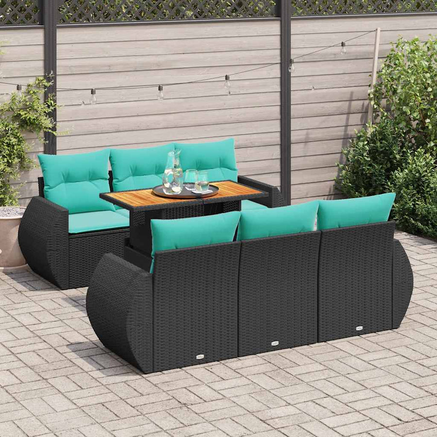 7-delige Loungeset met kussens poly rattan zwart