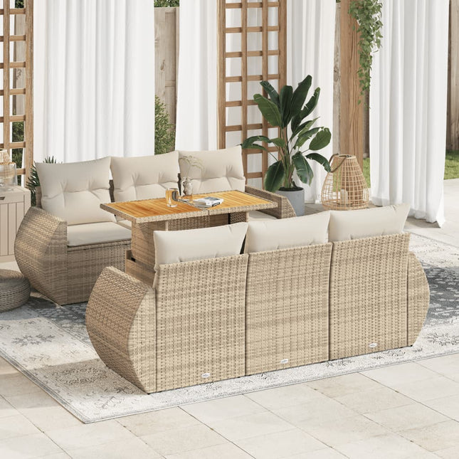 7-delige Loungeset met kussens poly rattan beige