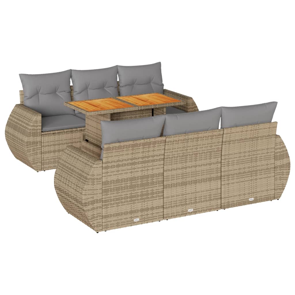 7-delige Loungeset met kussens poly rattan beige