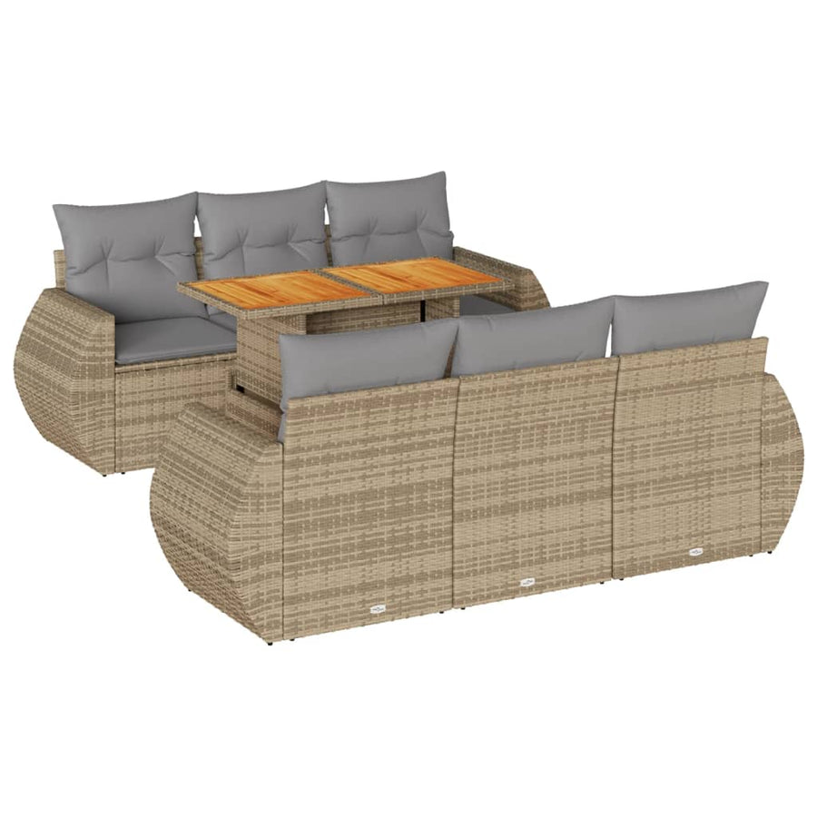 7-delige Loungeset met kussens poly rattan beige
