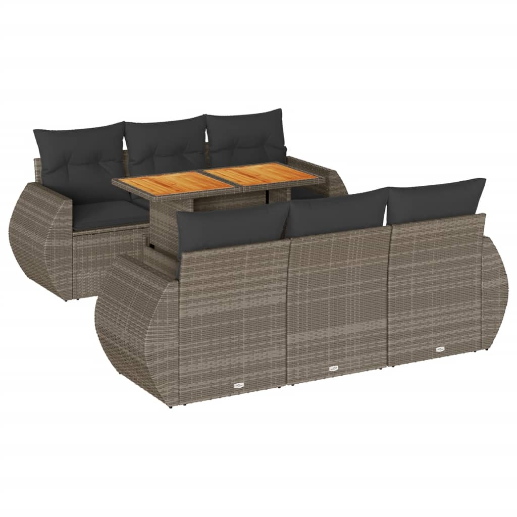 7-delige Loungeset met kussens poly rattan grijs
