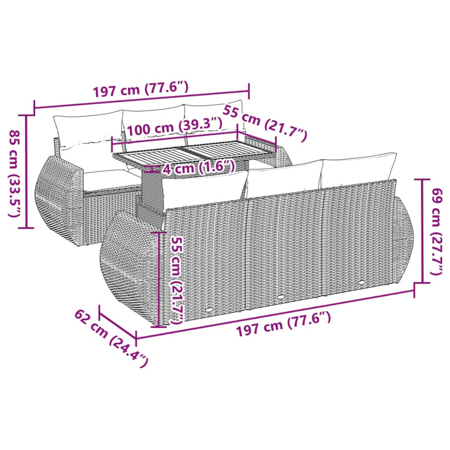 7-delige Loungeset met kussens poly rattan grijs