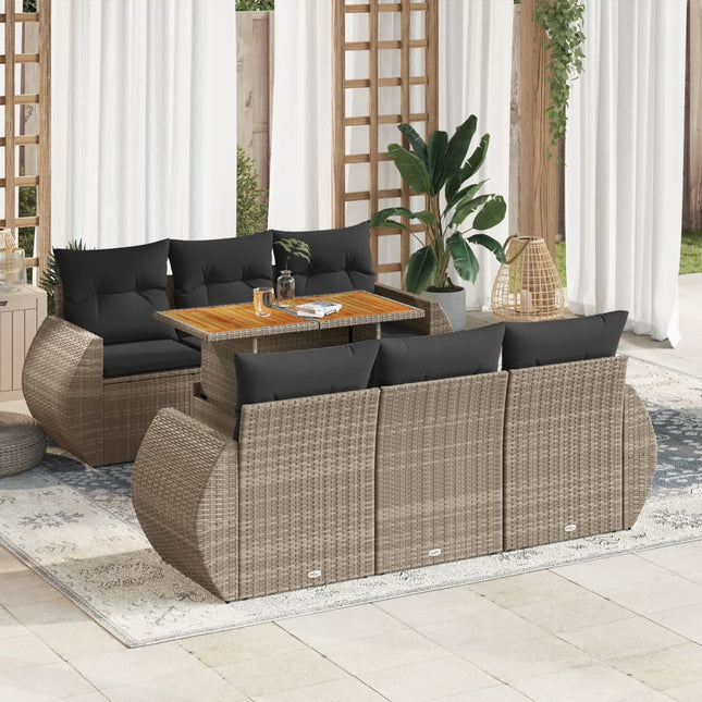 7-delige Loungeset met kussens poly rattan grijs