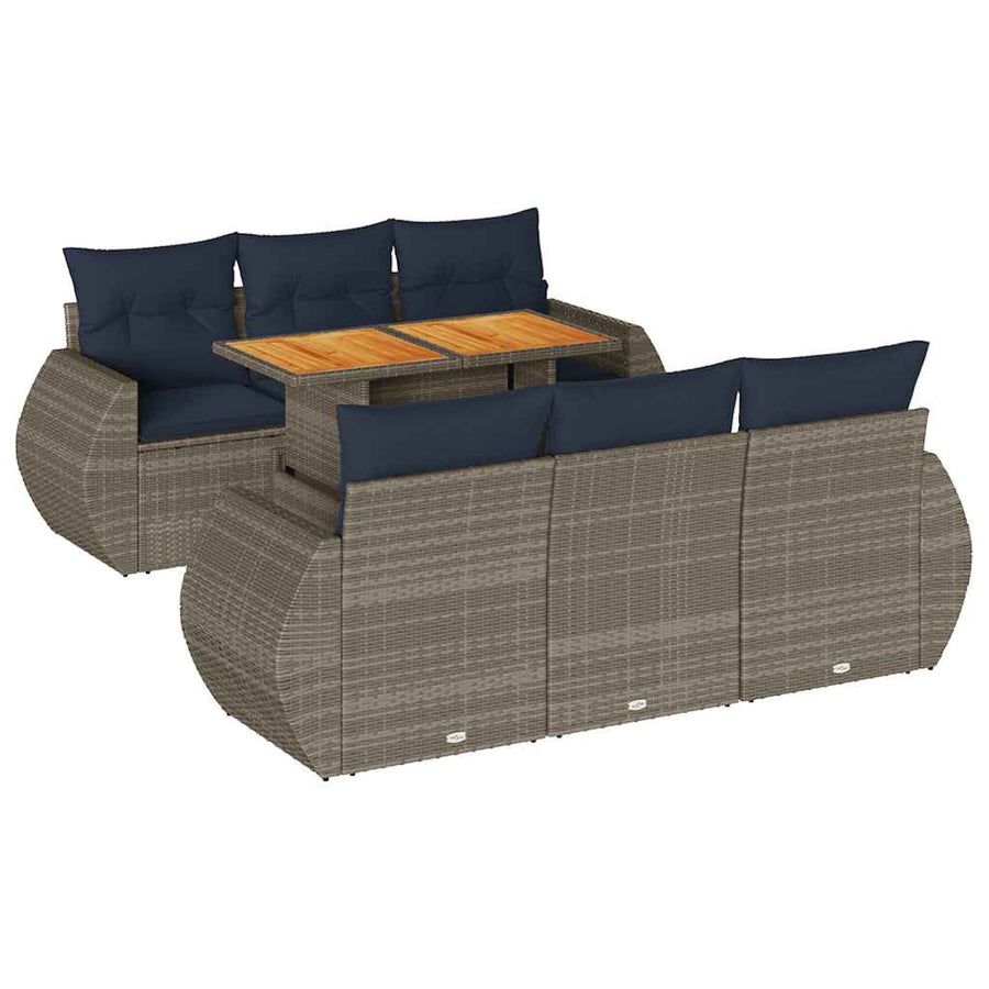 7-delige Loungeset met kussens poly rattan grijs
