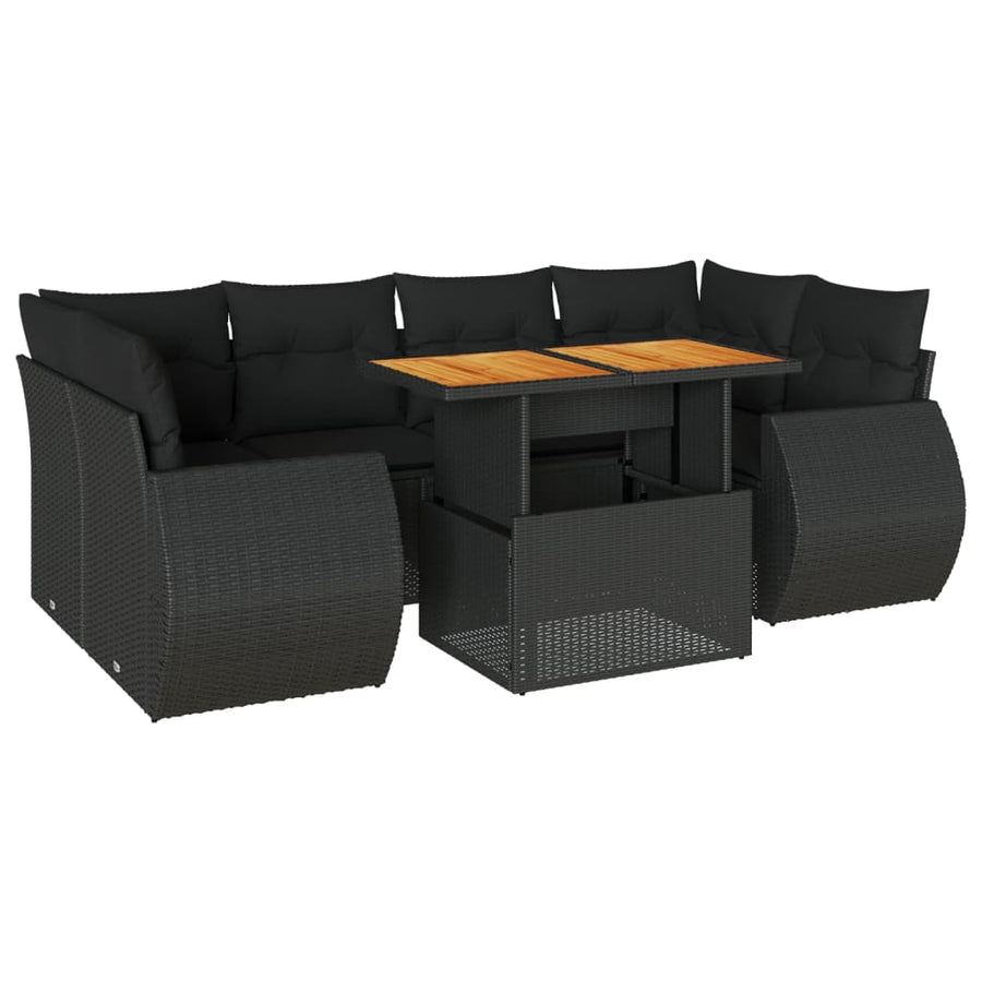7-delige Loungeset met kussens poly rattan zwart