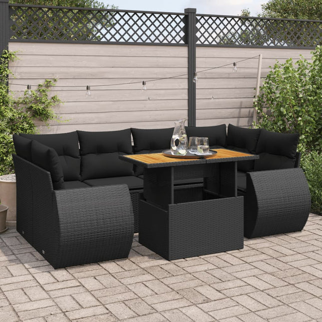 7-delige Loungeset met kussens poly rattan zwart