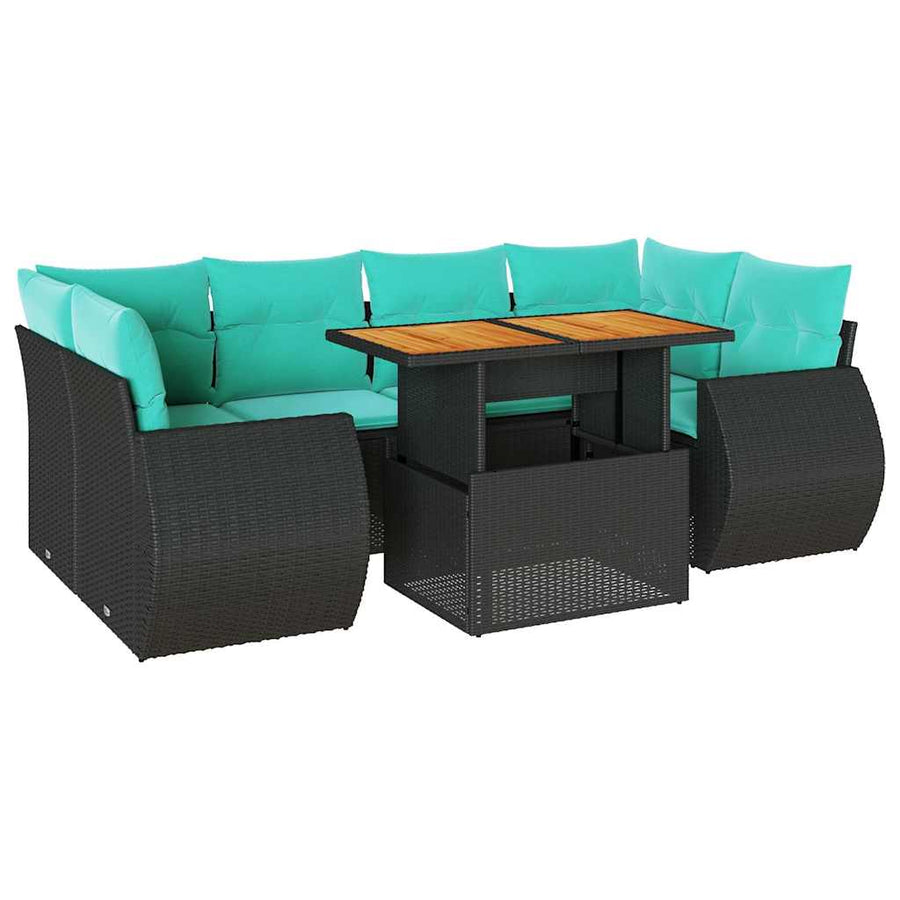 7-delige Loungeset met kussens poly rattan zwart