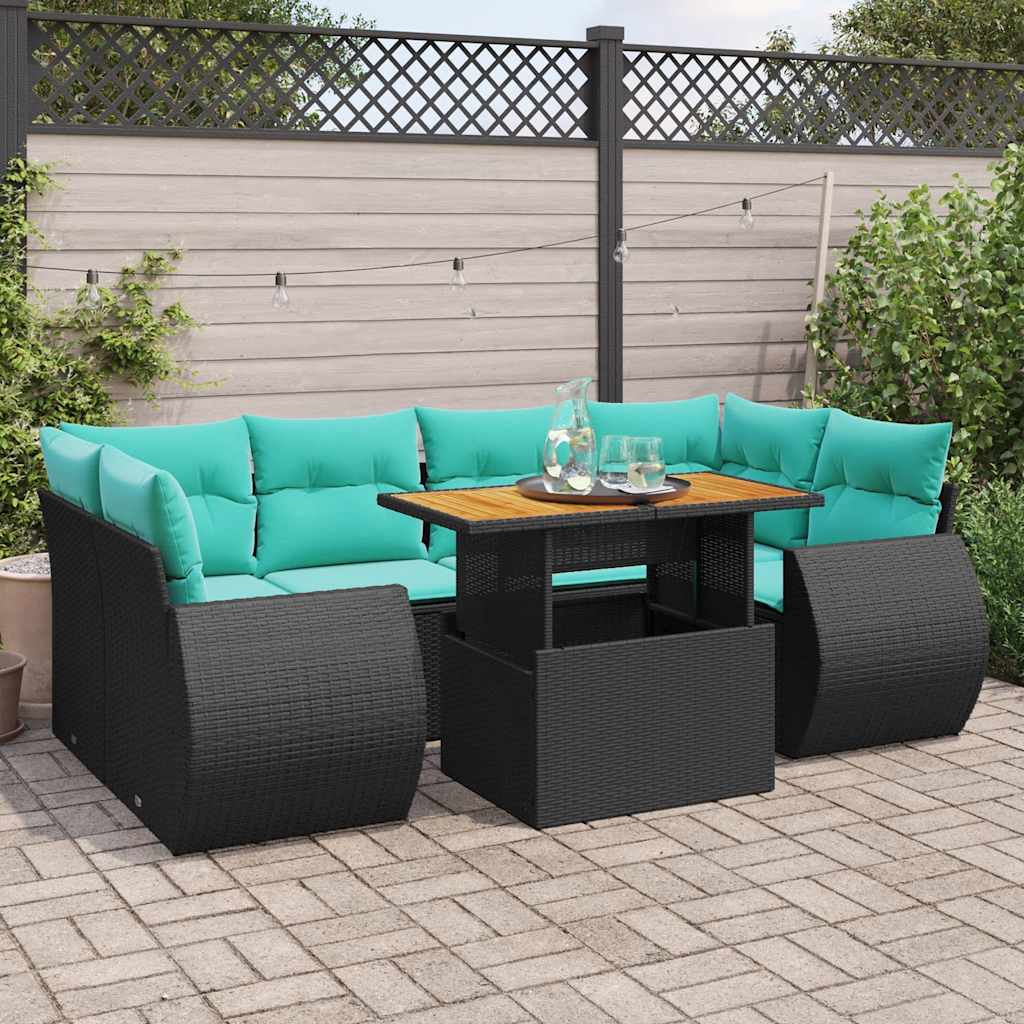 7-delige Loungeset met kussens poly rattan zwart