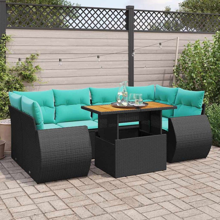 7-delige Loungeset met kussens poly rattan zwart