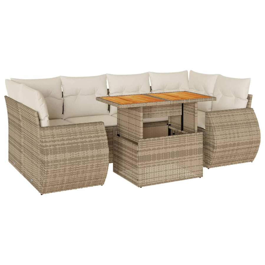 7-delige Loungeset met kussens poly rattan beige