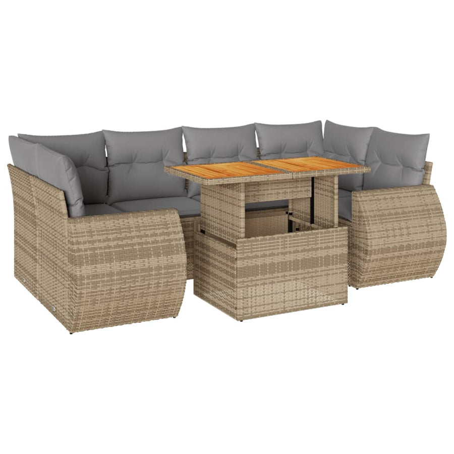 7-delige Loungeset met kussens poly rattan beige
