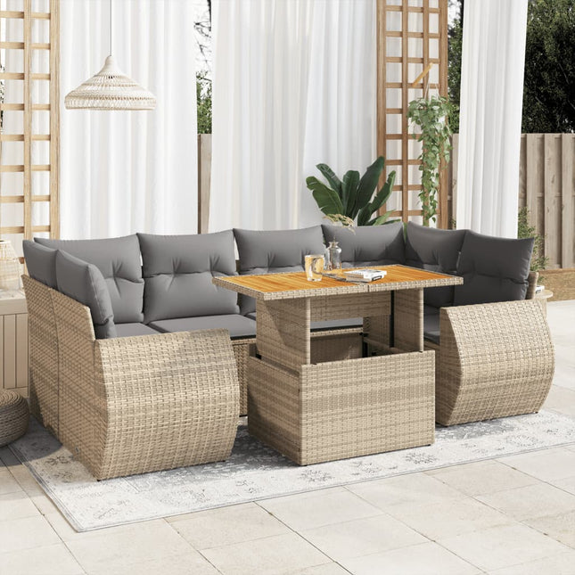 7-delige Loungeset met kussens poly rattan beige