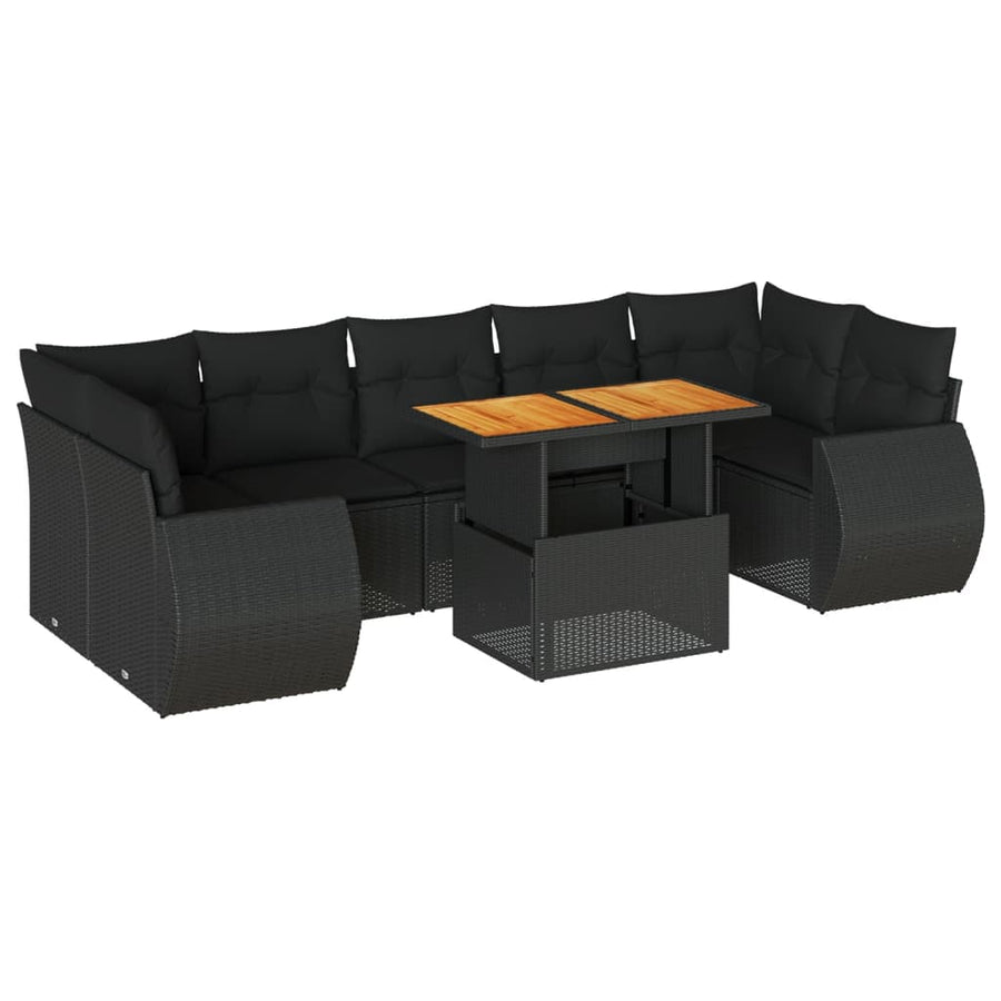 8-delige Loungeset met kussens poly rattan zwart