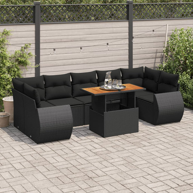 8-delige Loungeset met kussens poly rattan zwart