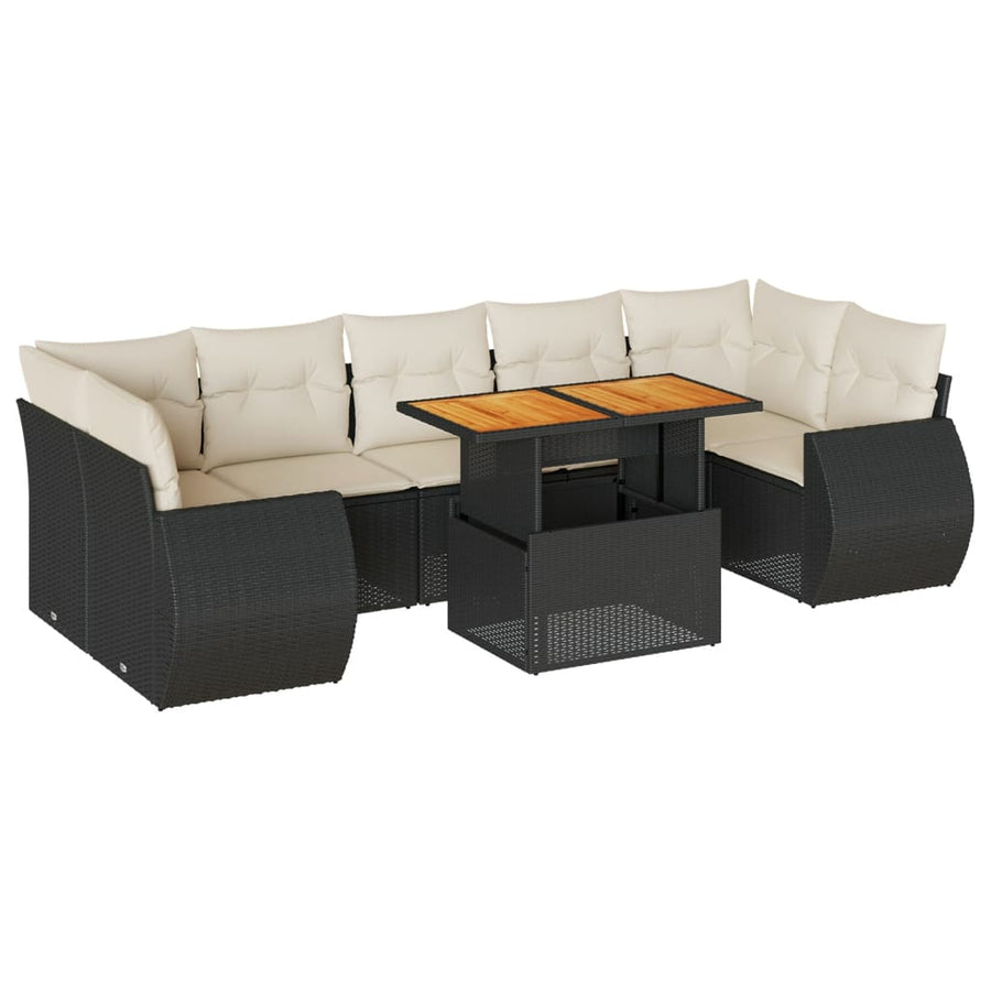 8-delige Loungeset met kussens poly rattan zwart