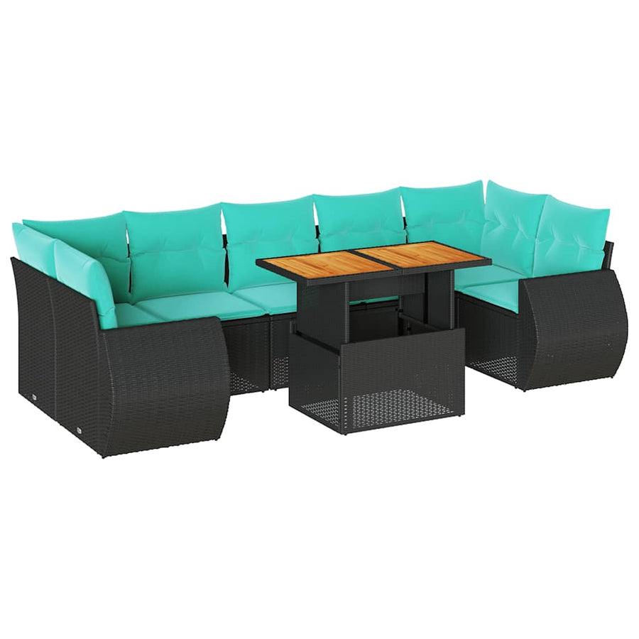 8-delige Loungeset met kussens poly rattan zwart