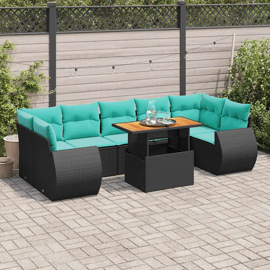 8-delige Loungeset met kussens poly rattan zwart