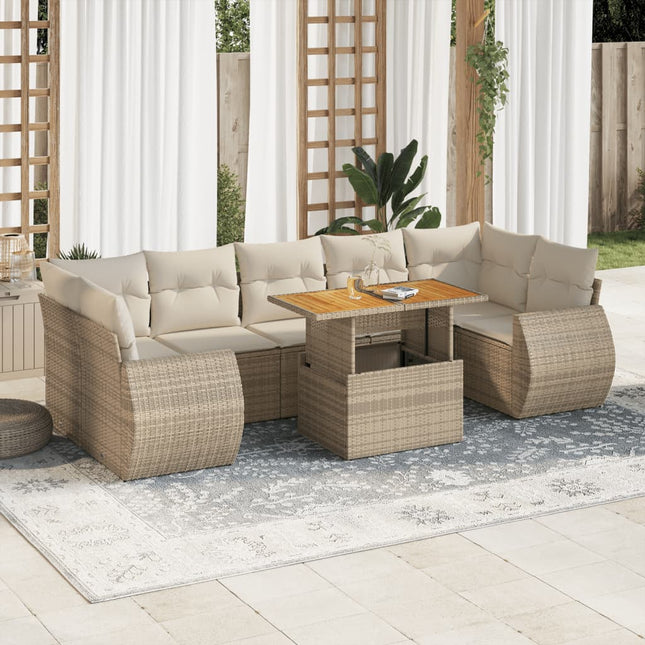 8-delige Loungeset met kussens poly rattan beige