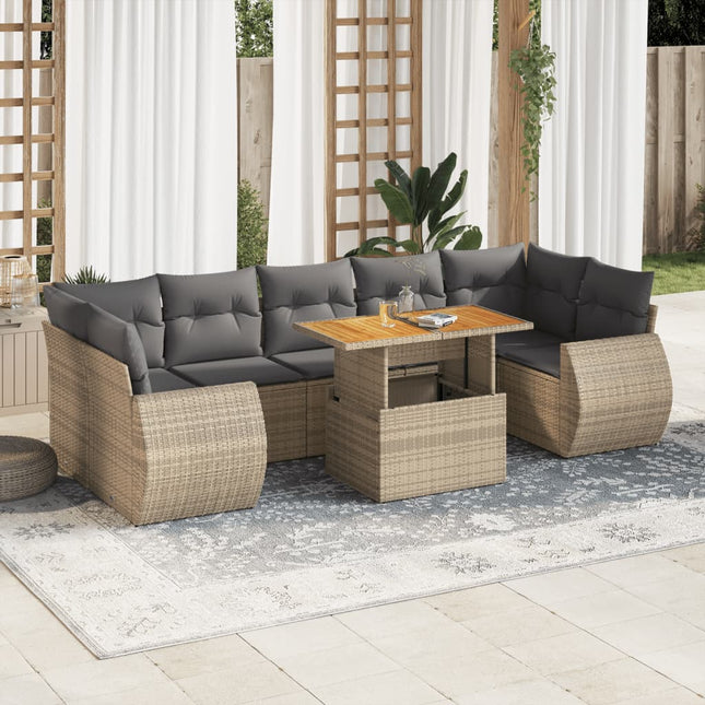 8-delige Loungeset met kussens poly rattan beige