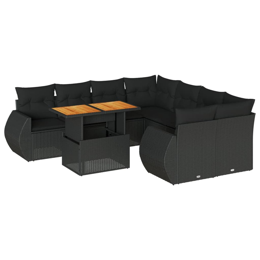 9-delige Loungeset met kussens poly rattan zwart