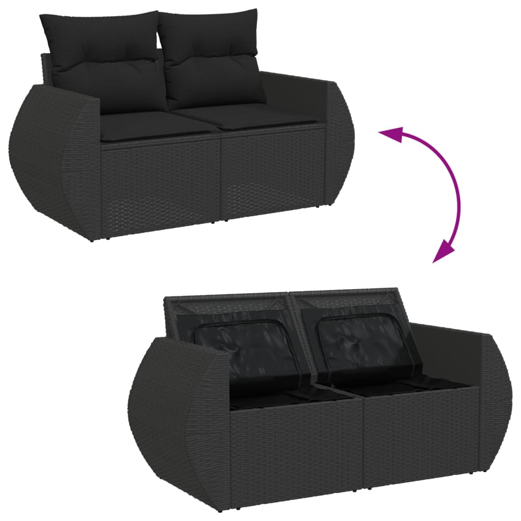 9-delige Loungeset met kussens poly rattan zwart