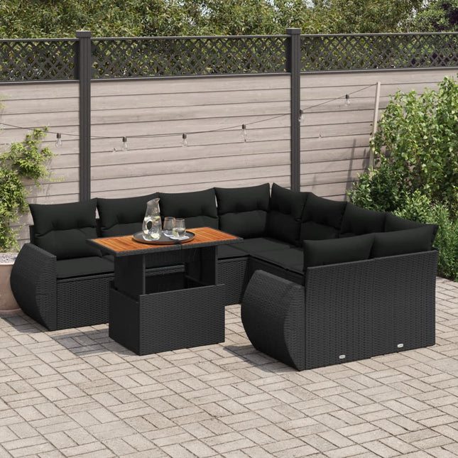 9-delige Loungeset met kussens poly rattan zwart