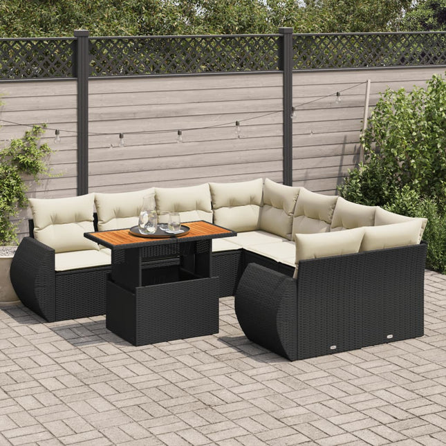 9-delige Loungeset met kussens poly rattan zwart