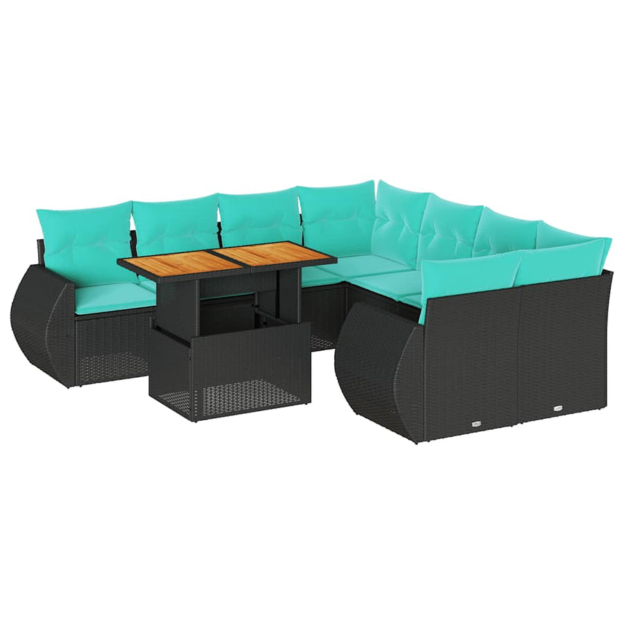 9-delige Loungeset met kussens poly rattan zwart