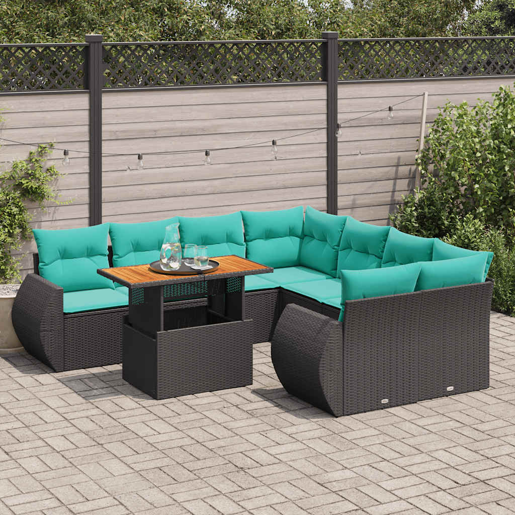 9-delige Loungeset met kussens poly rattan zwart