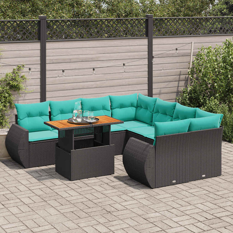 9-delige Loungeset met kussens poly rattan zwart