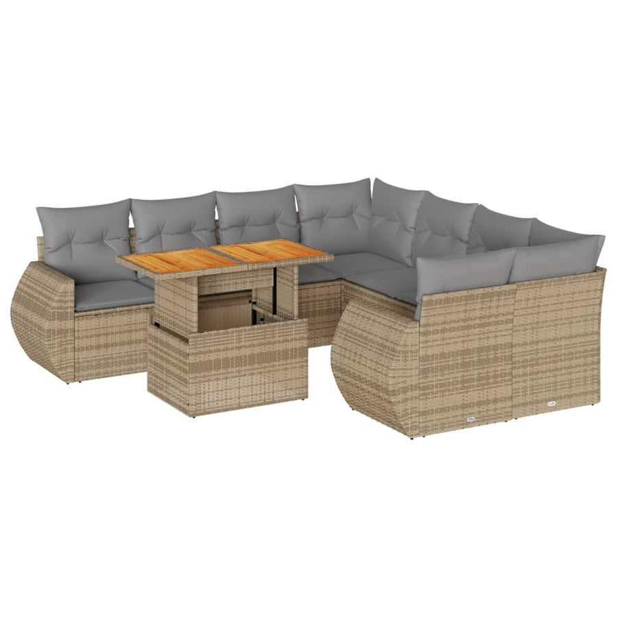 9-delige Loungeset met kussens poly rattan beige
