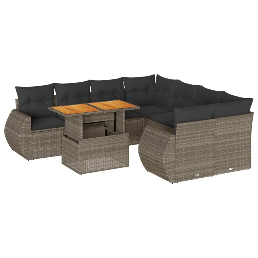 9-delige Loungeset met kussens poly rattan grijs