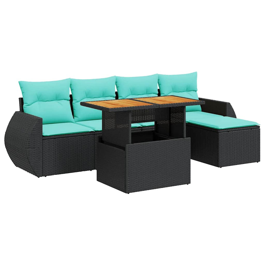 6-delige Loungeset met kussens poly rattan zwart