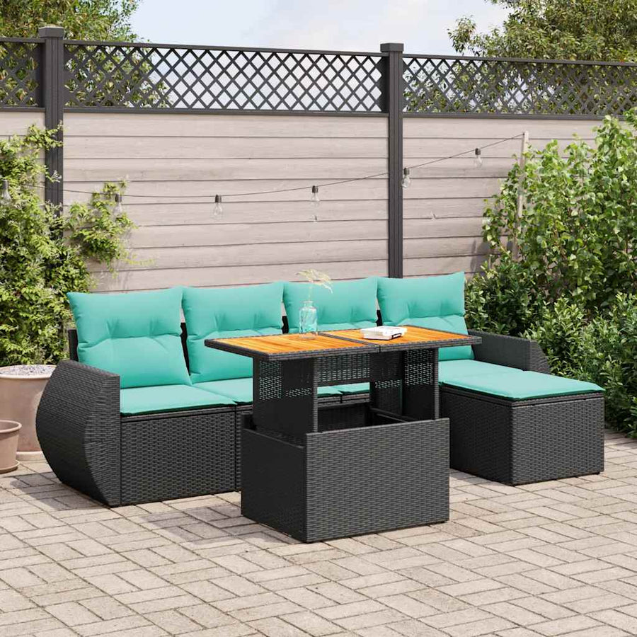 6-delige Loungeset met kussens poly rattan zwart