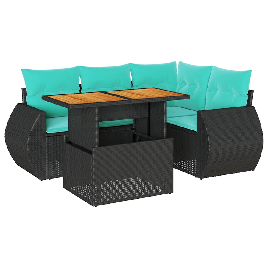 5-delige Loungeset met kussens poly rattan zwart