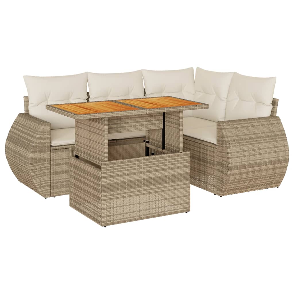 5-delige Loungeset met kussens poly rattan beige