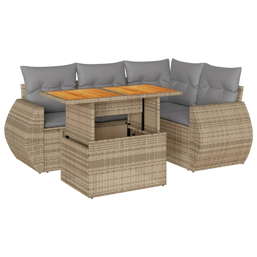 5-delige Loungeset met kussens poly rattan beige